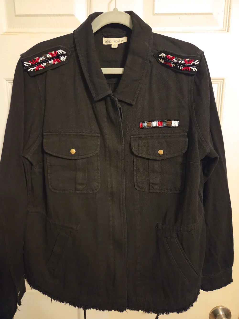 Indigo Black Utility Jacket with Beaded Red & White Accents